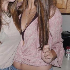 American threads pink cropped surplice bell sleeve